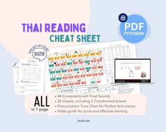 Printable Thai Reading Cheat Sheet | Thai Consonants & Vowels Practice |  Learn Reading Thai | Thai Materials for Beginners | Thai Alphabet