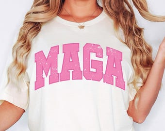 Pink MAGA Varsity Style T-Shirt, Make America Great Tee for Women, Distressed College Style USA Font Shirt, Patriotic Gifts for Conservative