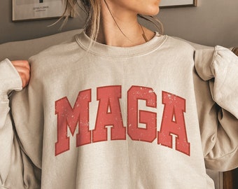 MAGA Varsity Sweatshirt, Make America Great Sweater for Women, Distressed College Style Font Shirt, Patriotic Gifts for Conservative