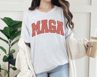 MAGA Varsity Style T-Shirt, Make America Great Tee for Women, Distressed College Style USA Font Shirt, Patriotic Gifts for Conservative