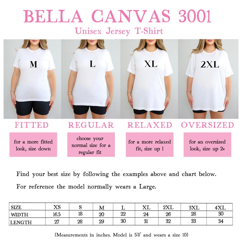 May include: Bella Canvas 3001 Unisex Jersey T-Shirt size chart with five different fit options: Fitted, Regular, Relaxed, Oversized, and a chart showing the width and length measurements in inches for sizes XS to 4XL. The model is wearing a size Large.