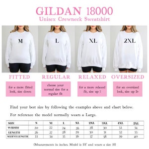 Op de afbeelding: Maattabel voor Gildan 18000 unisex crewneck sweatshirts. De tabel toont de breedte, lengte en mouwlengte in inches voor maten S tot en met 5XL. De tabel bevat ook een beschrijving van de pasvorm voor elke maat: aansluitend, normaal, los en oversized.