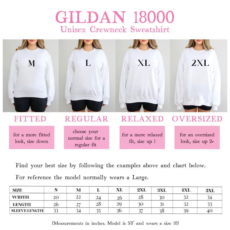 Op de afbeelding: Maattabel voor Gildan 18000 unisex crewneck sweatshirts. De tabel toont de breedte, lengte en mouwlengte in inches voor maten S tot en met 5XL. De tabel bevat ook een beschrijving van de pasvorm voor elke maat: aansluitend, normaal, los en oversized.