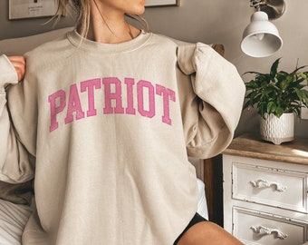 Pink Patriot Sweatshirt, Distressed Patriotic Varsity Style Sweater, USA College Font Shirt, Trending Shirts, Christmas Gifts for Wife