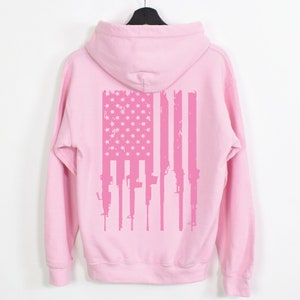 Second Amendment Hoodie for Women, Pink Firearm Flag Back Design Sweatshirt, Conservative Wife Gift, 2A Right to Bear Arms Political Shirts
