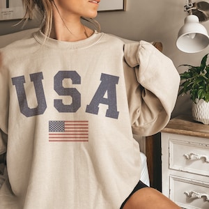 Vintage USA Sweatshirt, Retro Americana Top, Varsity American Flag Sweater, October Birthday Gift for Wife, Patriotic Christmas Gifts