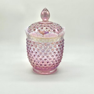 Vintage Fenton Pink Opalescent Iridescent Hobnail Lidded Biscuit Jar, Rare, Circa 2000s