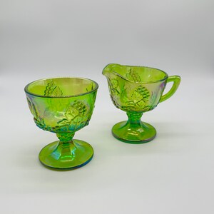 Vintage Indiana Glass Harvest Grape Emerald Green Carnival Glass Pedestal Sugar & Creamer, Circa 1960’s.