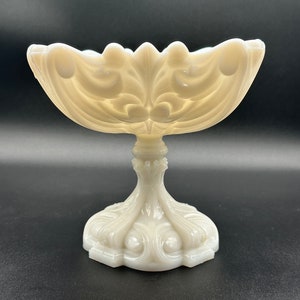 Vintage Portieux Vallerysthal Ornate Scroll Milk Glass Compote, Circa 1930s
