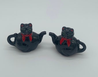 Vintage MCM Redware Black Cat Teapot Salt and Pepper Shakers