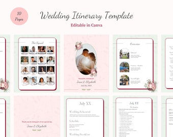 Peut inclure: Un modèle d'itinéraire de mariage de 10 pages, avec un thème de couleur rose et vert et des accents floraux. Le modèle comprend des sections pour la répétition du mariage, le jour du mariage et le petit-déjeuner de mariage. Le texte "Modèle d'itinéraire de mariage" est affiché en police de caractère bordeaux en haut de la page. Le texte "Éditable dans Canva" est affiché en police de caractère bordeaux plus petite sous le titre.