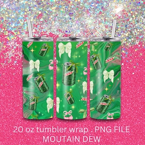 May include: Three 20 ounce tumbler wraps featuring a green and white marble design with a Mountain Dew can, stars, and white bows. The Mountain Dew can has a green and white glitter design. The text "Mountain Dew" is printed on the bottom of the image.