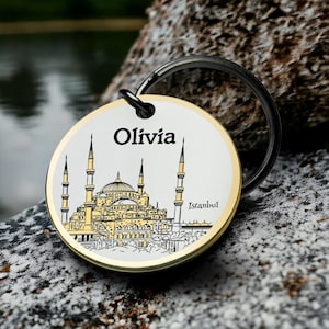 Istanbul porte-clés personnalisé gravé en or voyage souvenir nom personnalisé cadeau pour elle Turquie monument rond métal porte-clés mosquée souvenir
