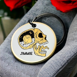 Tête de mort cimetière RIP porte-clé gothique Halloween cadeau souvenir personnalisé horreur nuit de la mort art porte-clés jeton art meilleur cadeau pour la Saint-Valentin pour lui