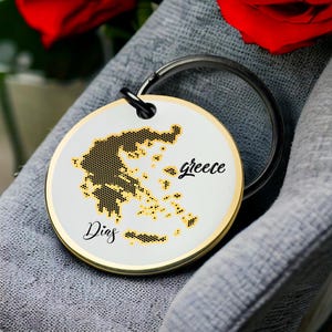 Griechenland Keychain Graviertes Gold Reise-Souvenir-kundenspezifischer Name Geschenk für Ihn Ihre Landkarte Wahrzeichen Runde Metall-Schlüsselanhänger Mittelmeer-Andenken