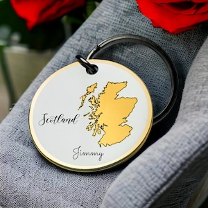 Llavero con mapa de Escocia, personalizado, de metal grabado, para viajes por el país, recuerdo personalizado, regalo único, llavero redondo de recuerdo para mochila.