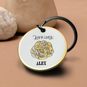 Januari geboorte bloem sleutelhanger pioen bloemen gegraveerd aangepaste naam cadeau aandenken gouden rand metalen sleutelhanger charme beste Valentijnsdag cadeau voor hem