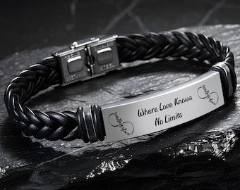 Personalised Leather Stainless Steel Men’s Engraved Bracelet – Matte Black Band – Father’s Day & Christmas Gift for Dad, Boyfriend, Brother
