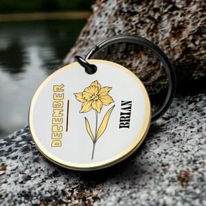 December geboorte bloem sleutelhanger narcis gegraveerd aangepaste naam bloemen aandenken gouden rand metalen bedel sleutelhanger beste Valentijnsdag cadeau voor hem