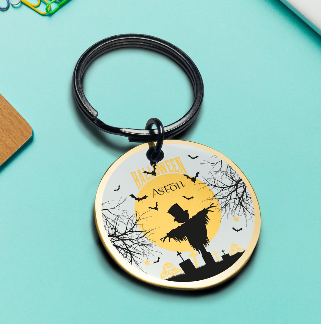 Scarecrow Keychain, Full Moon Key Ring, Cemetery and Bats Keyring, Jack ...