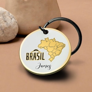 Brazilië sleutelhanger gegraveerd goud reissouvenir aangepaste naam cadeau voor hem Haar landkaart mijlpaal ronde metalen sleutelhanger Zuid-Amerika aandenken