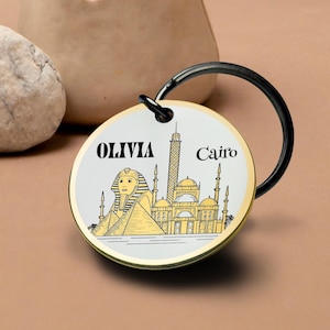 Llavero de El Cairo, Egipto, grabado en oro, recuerdo de viaje, regalo personalizado con nombre para él o ella, llavero redondo de metal con forma de esfinge, mezquita, recuerdo, regalo artístico.