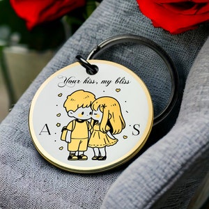 Cute cartoon couple keychain personalized initials romantic partner handmade Keyring perfect unique gift Best valentines day gift for him