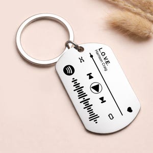 May include: A silver metal keychain with a dog tag-shaped pendant. The pendant has a music player interface design with the text "L.O.V.E. Harrison Craig". The keychain has a circular ring for attaching keys.