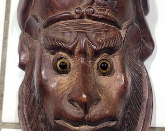 Highly Detailed Antique MONKEY MASK Hand Carved Hard Dark Wood Glass Eyes Southeast Asia JAPAN