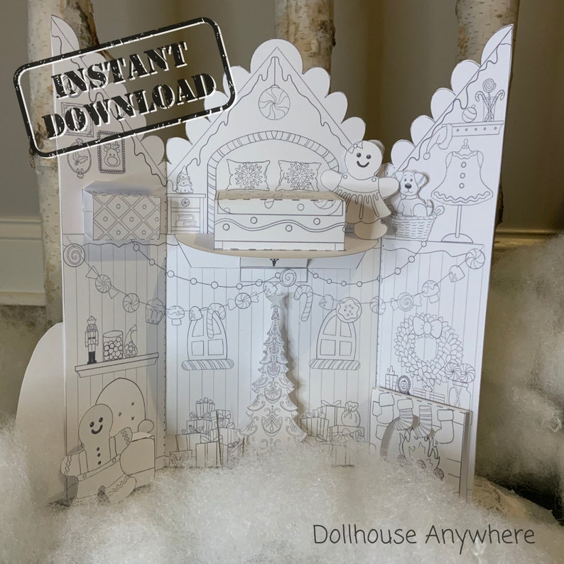 Printable Gingerbread Cottage, COLORING BOOK VERSION, Paper House ...