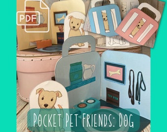 Printable Pocket Pet Friend: Dog, Paper Dog House, Portable, Pocket-sized Paper Toy, Printable, Paper Craft, Desk Pet, Digital Download, Pup