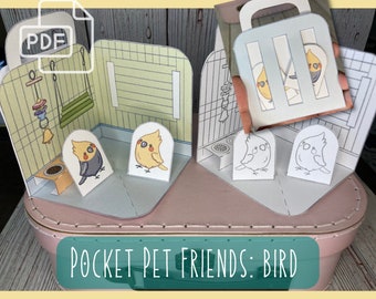 Printable Pocket Pet Friend: Birds, Paper Bird House, Portable, Pocket-sized Paper Toy, Printable, Paper Craft, Desk Pet, Digital Download