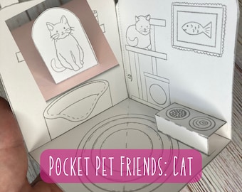 Printable Pocket Pet Friend: Cat (Coloring Book Version), Paper Cat House, Portable, Printable, Paper Craft, Desk Pet, Digital Download, Cat