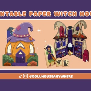 May include: Printable paper witch house craft kit with a pumpkin shaped house and a witch with a broom. The house is decorated with stars and a witch's hat. The kit includes a witch, a bat, and a cat.