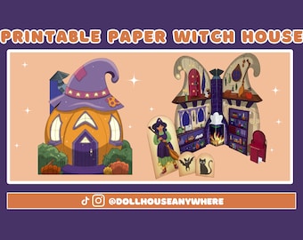 May include: Printable paper witch house craft kit with a pumpkin shaped house and a witch with a broom. The house is decorated with stars and a witch's hat. The kit includes a witch, a bat, and a cat.