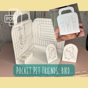 May include: A printable paper craft of a bird cage with a bird inside. The cage has a handle and a perch. The bird is white with black eyes and a yellow beak. The title "Pocket Pet Friends: Bird" is printed below the image.