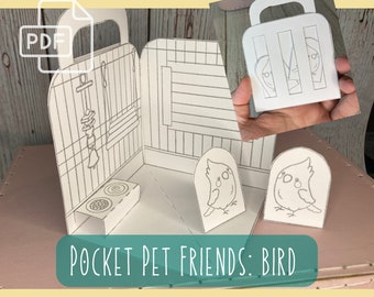 Printable Pocket Pet Friend: Birds (Coloring Book Version), Paper Bird House, Portable, Printable, Paper Craft, Desk Pet, Digital Download