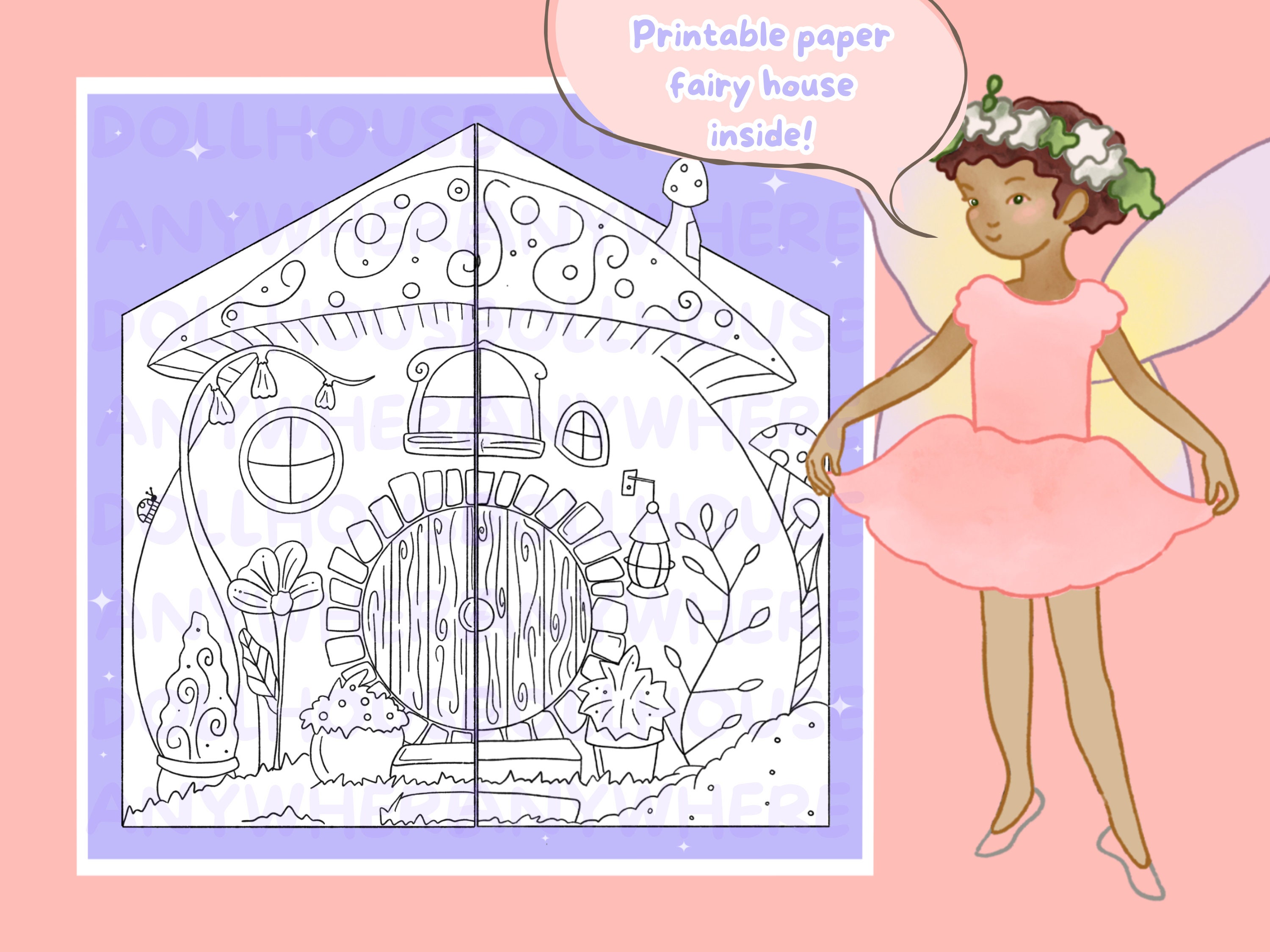 Printable Coloring Book Fairy House, Portable, Foldable, DIY, Paper ...