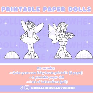 Puede incluir: Mu&ntilde;ecas de papel imprimibles de dos hadas con alas. Una hada sostiene una cesta de flores. El kit incluye un modelo de casa de hadas para colorear, dos mu&ntilde;ecas de papel imprimibles e instrucciones.  @DOLLHOUSEANYWHERE