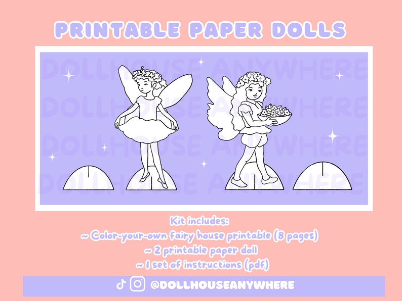 Puede incluir: Mu&ntilde;ecas de papel imprimibles de dos hadas con alas. Una hada sostiene una cesta de flores. El kit incluye un modelo de casa de hadas para colorear, dos mu&ntilde;ecas de papel imprimibles e instrucciones.  @DOLLHOUSEANYWHERE