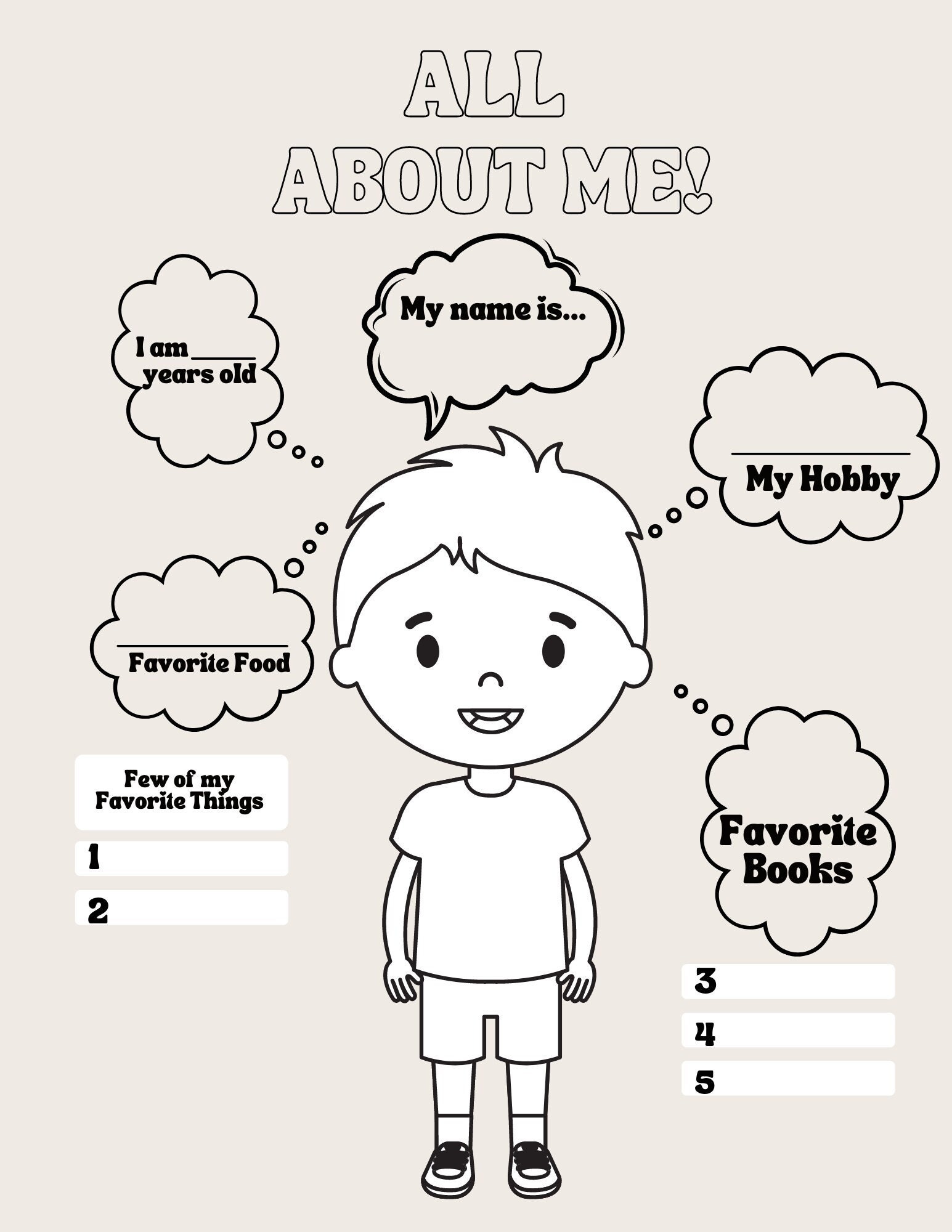 All About Me Boy Coloring Page Digital Download Etsy