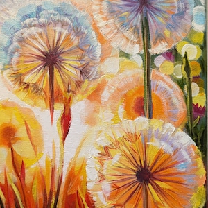 May include: A painting of a field of white dandelions with yellow centers. The dandelions are in various stages of bloom, with some having their seeds dispersed and others still closed. The background is a soft blue and yellow.
