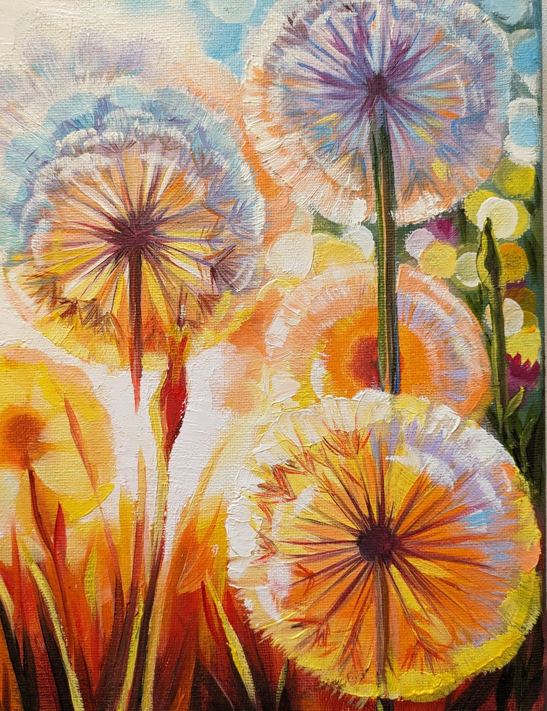 May include: A painting of a field of white dandelions with yellow centers. The dandelions are in various stages of bloom, with some having their seeds dispersed and others still closed. The background is a soft blue and yellow.