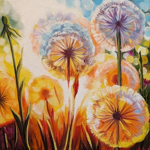 Dandelions Sunset Flowers Decorative art work oil painting on stretched canvas image 4