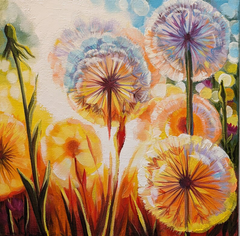 Dandelions Sunset Flowers Decorative art work oil painting on stretched canvas image 4