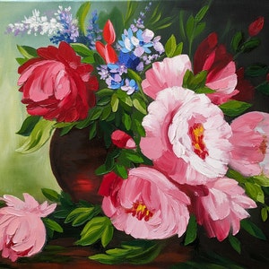 Peonies Flowers Original oil painting by palette knife on stretched canvas Decorative art