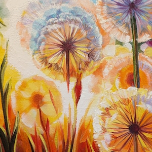 May include: A painting of white, yellow, and orange dandelions with their seeds blowing in the wind. The background is a light blue sky with white clouds.