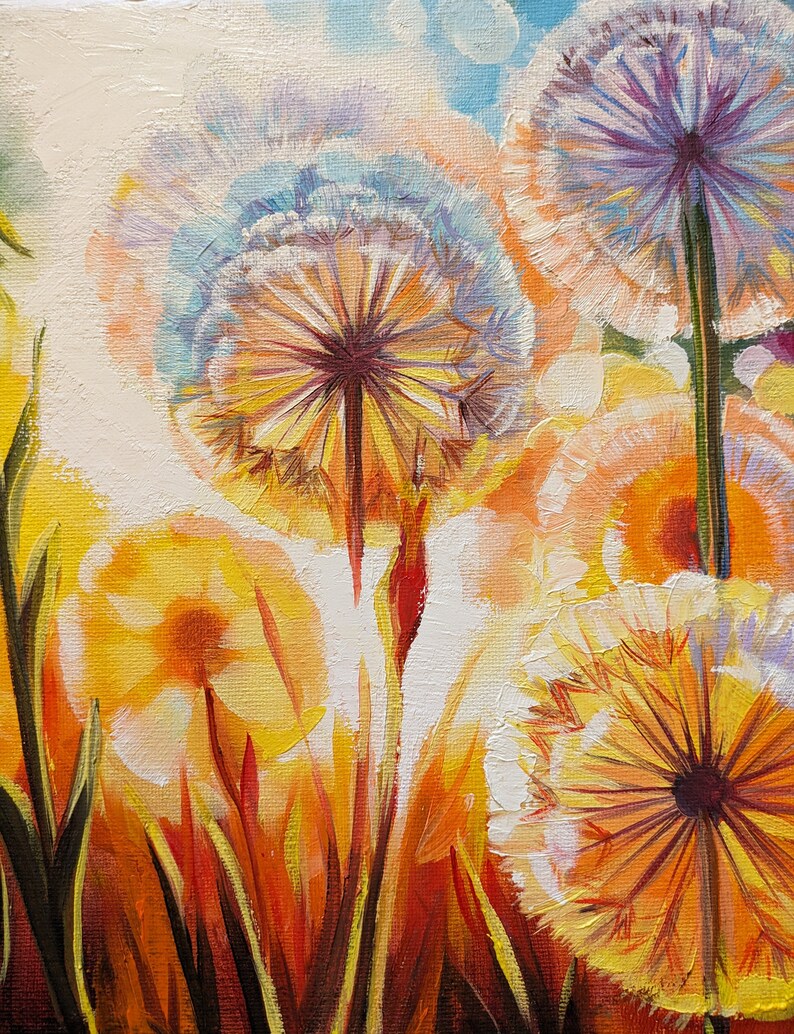 May include: A painting of white, yellow, and orange dandelions with their seeds blowing in the wind. The background is a light blue sky with white clouds.