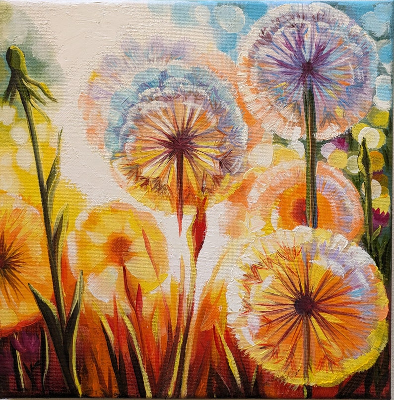 Dandelions Sunset Flowers Decorative art work oil painting on stretched canvas image 5