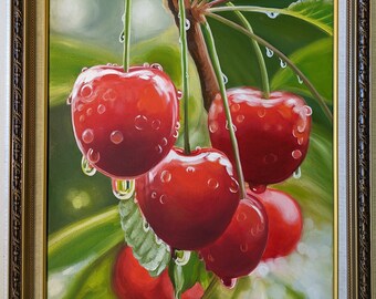 Cherry after the rain Still life with cherry Oil painting on stretched canvas Bright painting